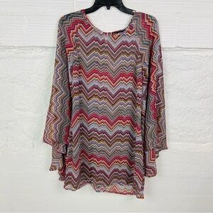 STELLA CRUZ pink multi colored chevron sheer flare sleeve swimsuit cover up SZ L